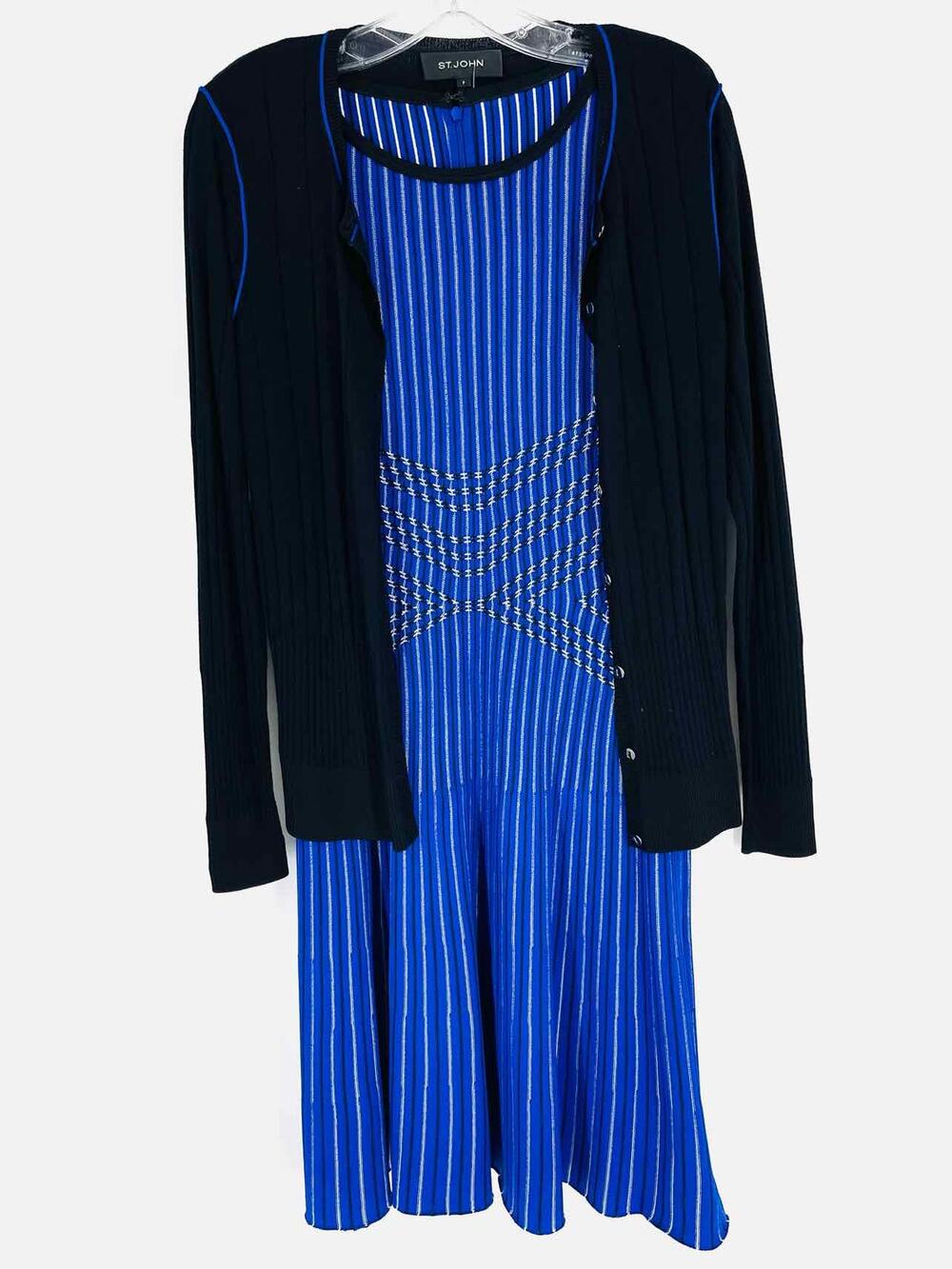 St. John Size 4 Royal Blue/Black Ribbed Knit Designer Jacket Dress
